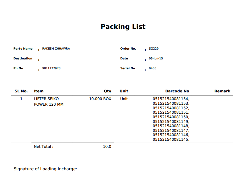 Packing List after Deliveries